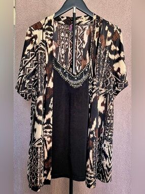 Judith Ann Creations 2X Embellished Beaded Abstract Print Layered Tunic Top